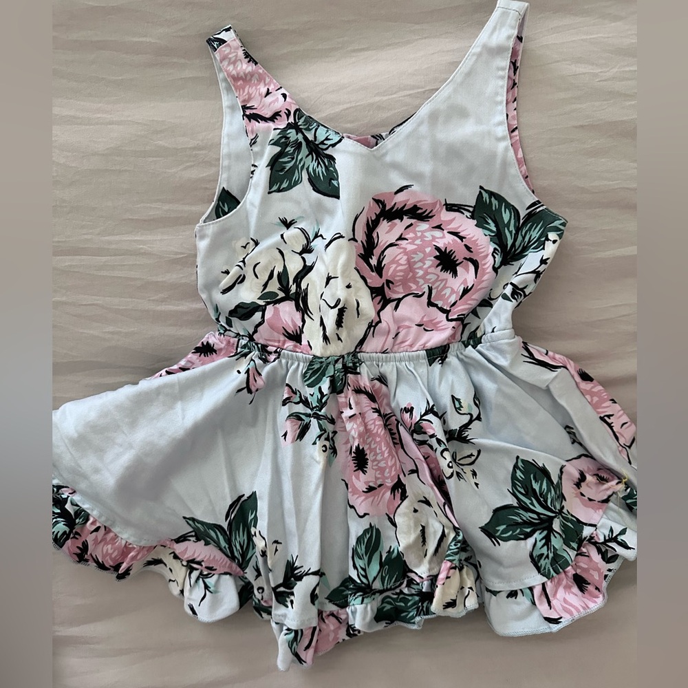 Little Minis Floral Ruffled Tank Romper in Pastel Pink & Green
